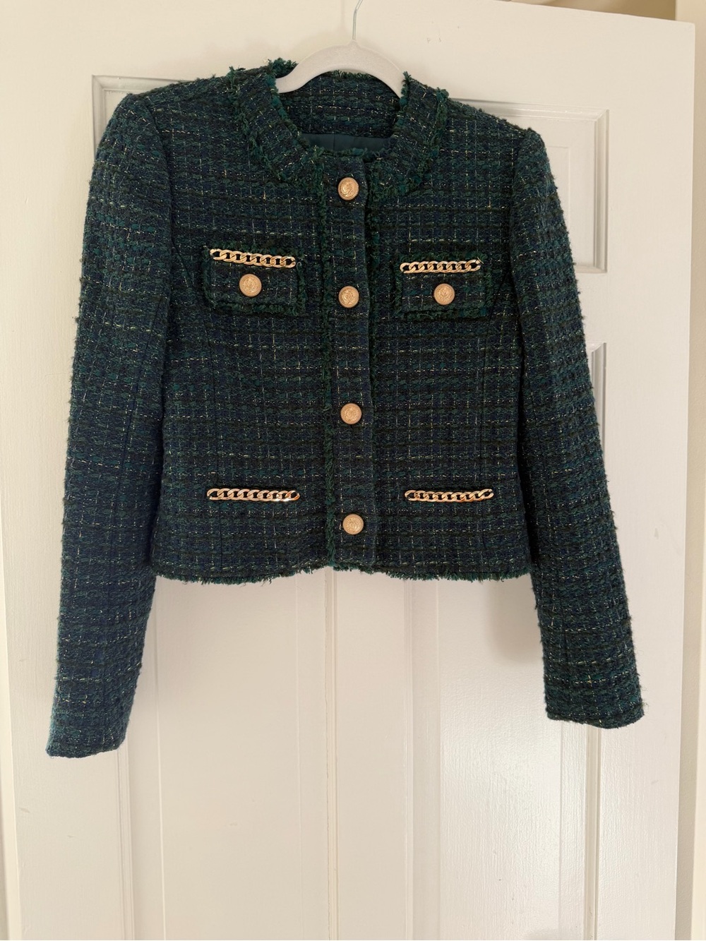 Generation Love Classic Dark Green Tweed Chain-Trim Jacket